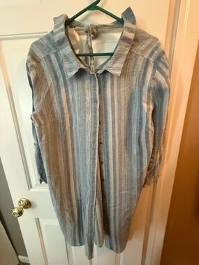 LOFT Blue and Gray Striped Lightweight Button-Up shirt or coverup